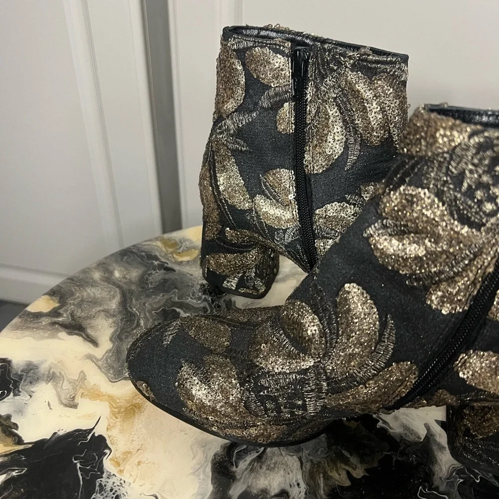 Tapestry Brocade Gold Sequin Leather Soled Boots